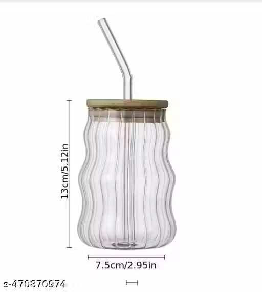 Wave Glass Tumbler with Wooden Lid & Straw (500ml)