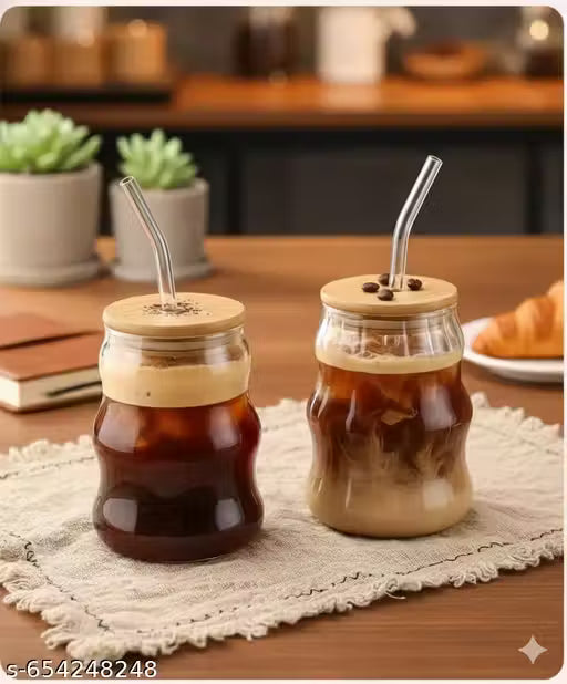 Wave Shape Ribbed Glass Tumblers Set of 2 with Lid & Straw