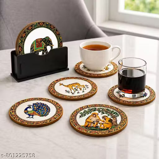 Wooden Animal Print Coaster Set – MDF Tea Coasters with Stand