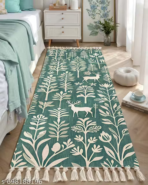 Handwoven Cotton Bed Runner Rug – Green 2x5 Feet Carpet