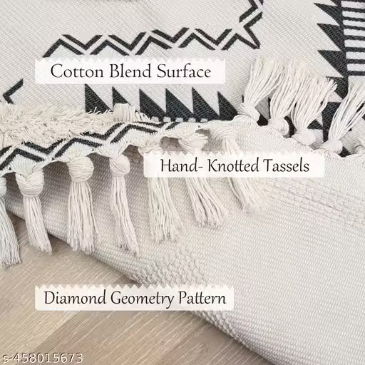 Handwoven Tufted Cotton Runner Rug – Black Floral Tassel Carpet