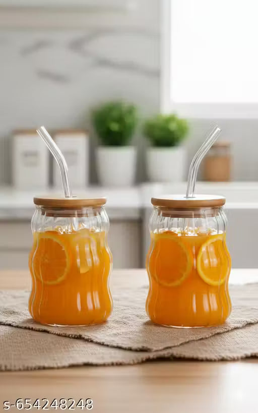 Wave Shape Ribbed Glass Tumblers Set of 2 with Lid & Straw
