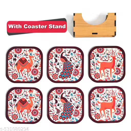 Printed Wooden Coaster Set – Multicolor Drink Coasters (Pack of 6)