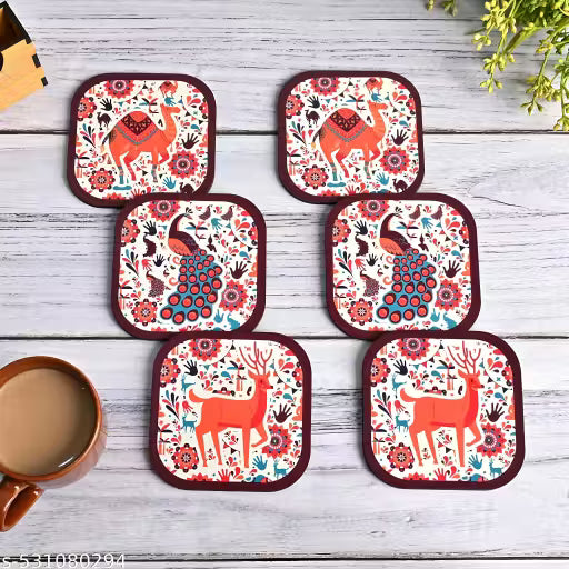 Printed Wooden Coaster Set – Multicolor Drink Coasters (Pack of 6)