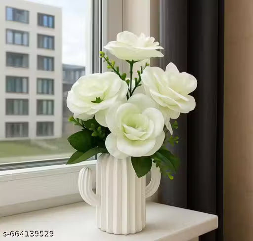 White Artificial Rose Plant in Cactus Pot for Home Decor