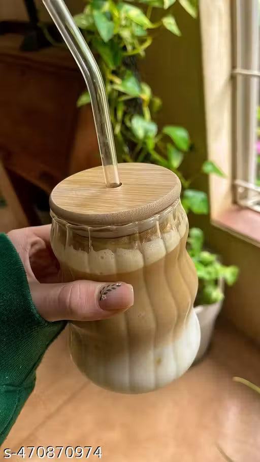 Wave Glass Tumbler with Wooden Lid & Straw (500ml)