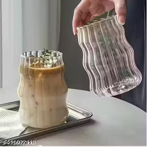 Wave Glass Tumbler with Straw Set (Pack of 2, 500ml)
