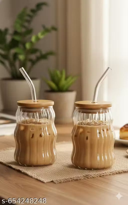 Wave Shape Ribbed Glass Tumblers Set of 2 with Lid & Straw