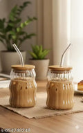 Wave Shape Ribbed Glass Tumblers Set of 2 with Lid & Straw