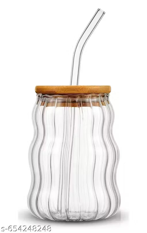 Wave Shape Ribbed Glass Tumblers Set of 2 with Lid & Straw