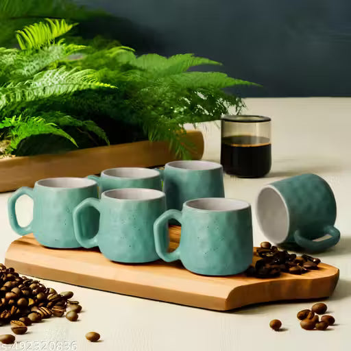 Green Dots Speckled Ceramic Tea Cup Set of 6
