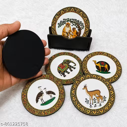 Wooden Animal Print Coaster Set – MDF Tea Coasters with Stand