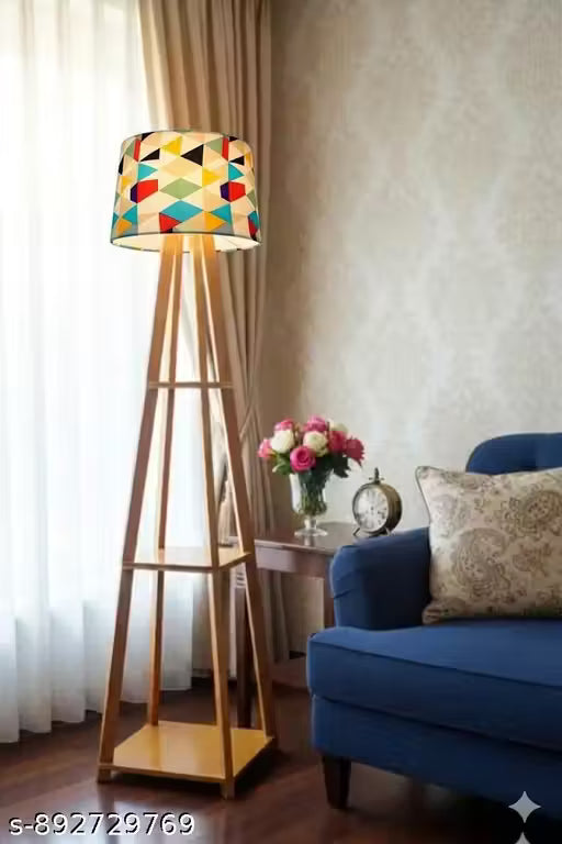 Multi-Function Wooden Tripod Floor Lamp with 3-Tier Shelves