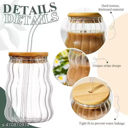 Wave Glass Tumbler with Wooden Lid & Straw (500ml)