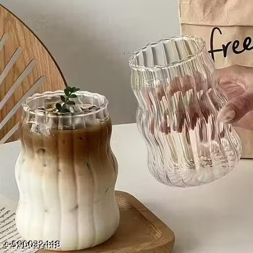 Wave Glass Tumbler with Straw Set (Pack of 2, 500ml)