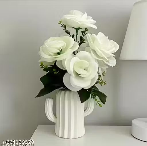 White Artificial Rose Plant in Cactus Pot for Home Decor