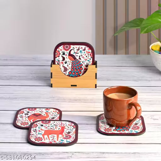 Printed Wooden Coaster Set – Multicolor Drink Coasters (Pack of 6)