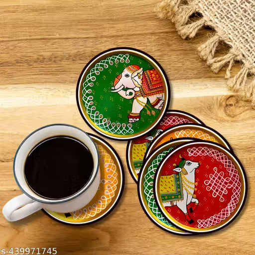 Wooden Tea & Coffee Coaster Set – Printed Drink Coasters (Pack of 6)