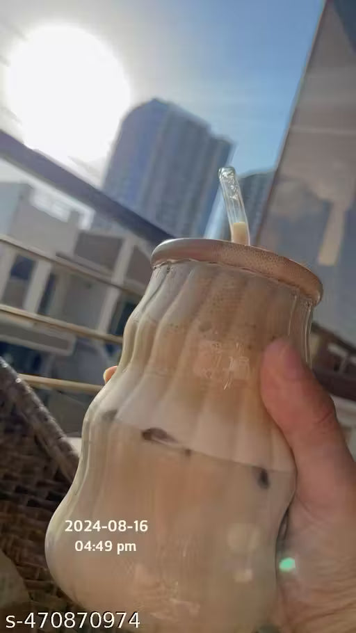 Wave Glass Tumbler with Wooden Lid & Straw (500ml)